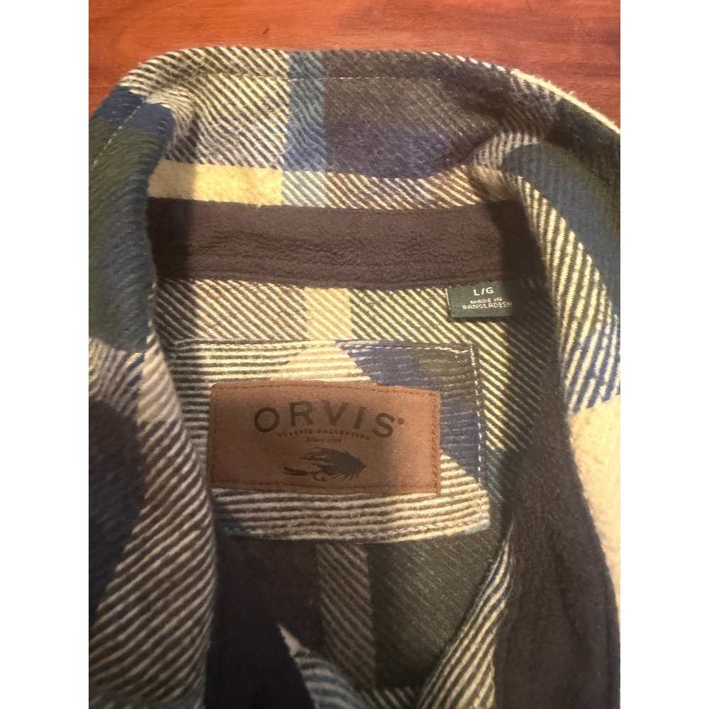 Orvis Mens Plaid Flannel Shirt Jacket Blue Green Cream Pockets Large L/G - Picture 4 of 11
